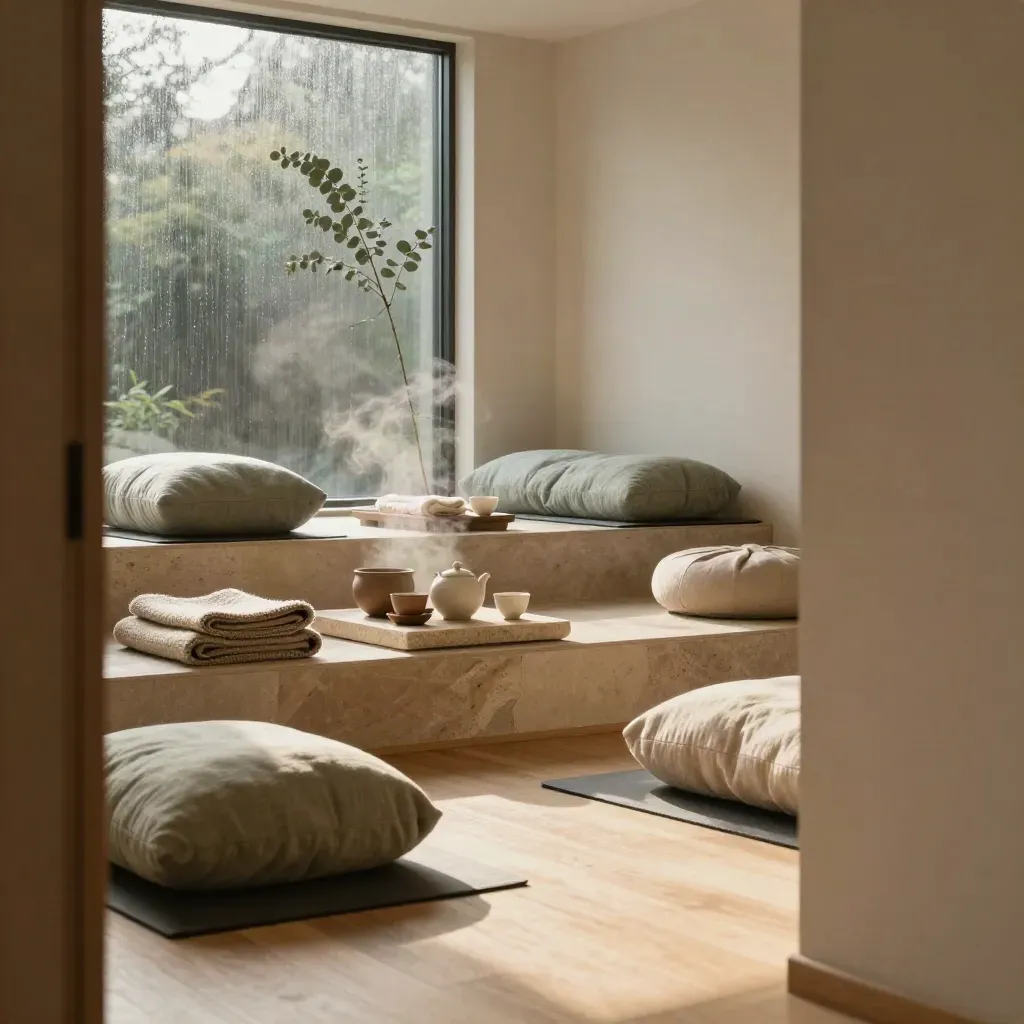 Rain-lit wellbeing studio with linen bolsters, tea tray, blankets, eucalyptus and calm open space.