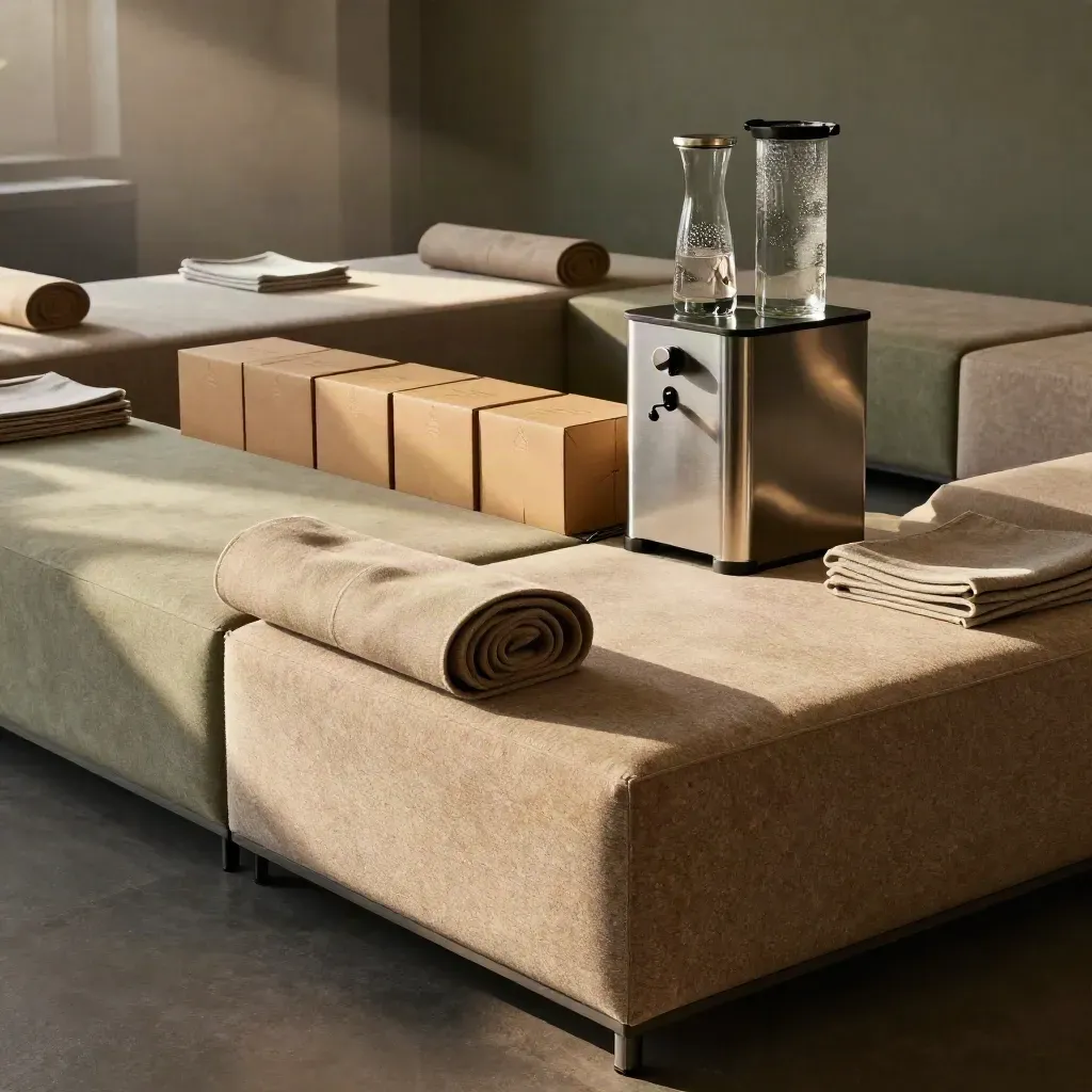 Polished wellbeing workshop room with mats, kit boxes and hydration station in dramatic light.