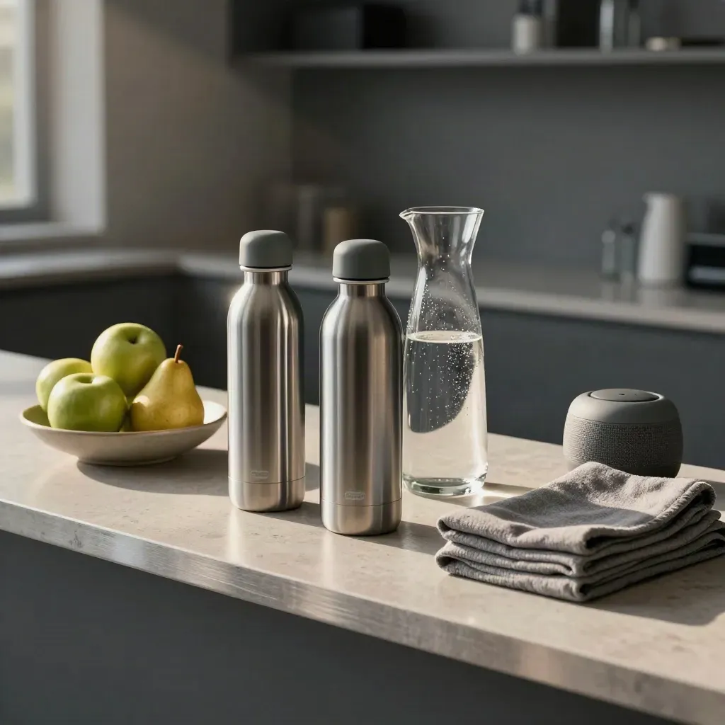 Clinic staff-room refresh with hydration bottles, fruit, sound machine and folded neck wraps on stone.