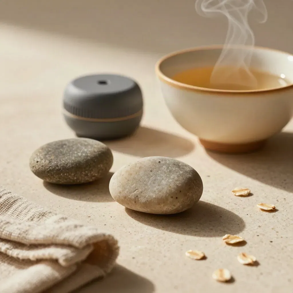 Polished stones, breath timer and tea bowl on travertine with steam in a wellness still life