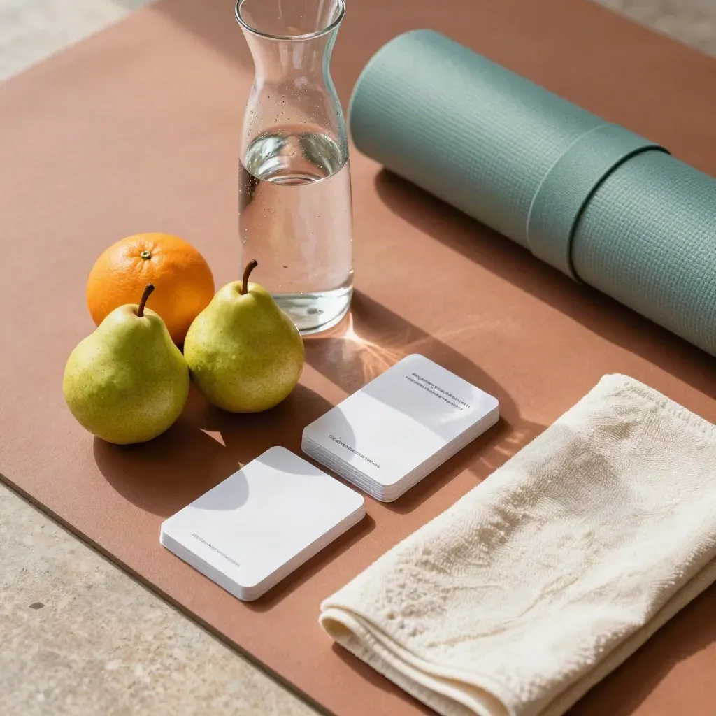 Overhead wellness workshop kit with fruit, water carafe, face-down cards and a rolled mat
