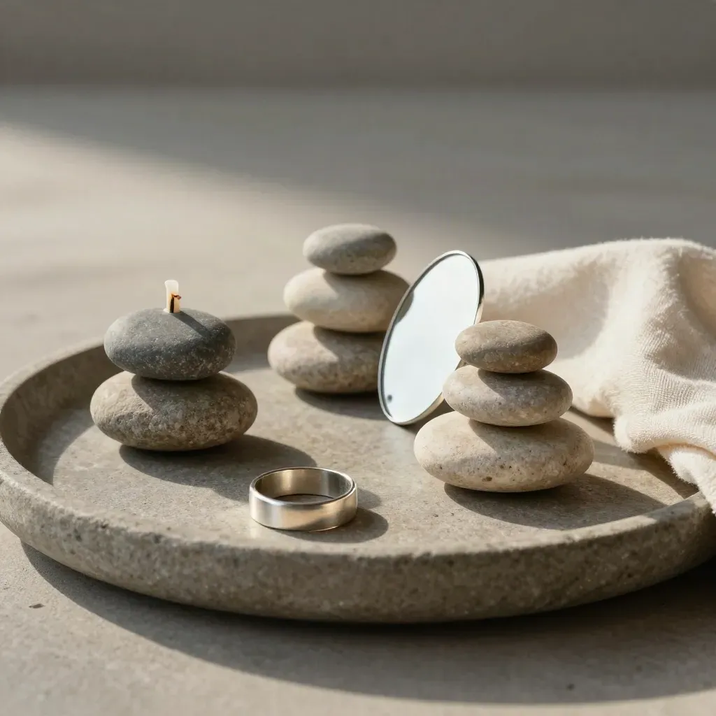 Stone tray with stacked pebbles, mirror, candle stub and metal ring in soft light