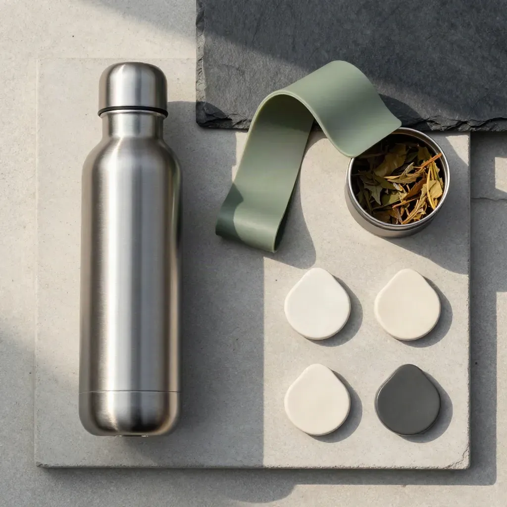 Water bottle, resistance band, tea tin and habit tokens arranged in a calm wellness flatlay.