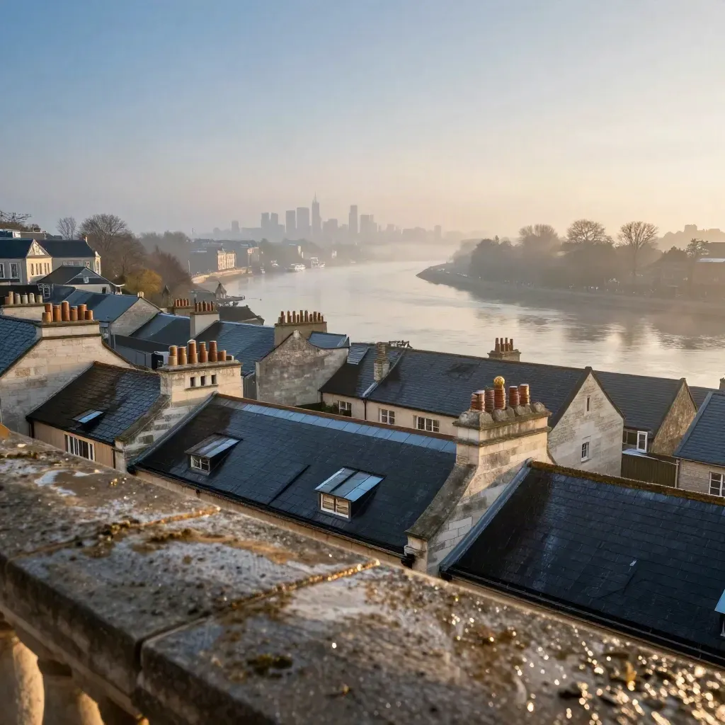 London rooftop panorama over the Thames at blue dawn, pale roofs and misty skyline