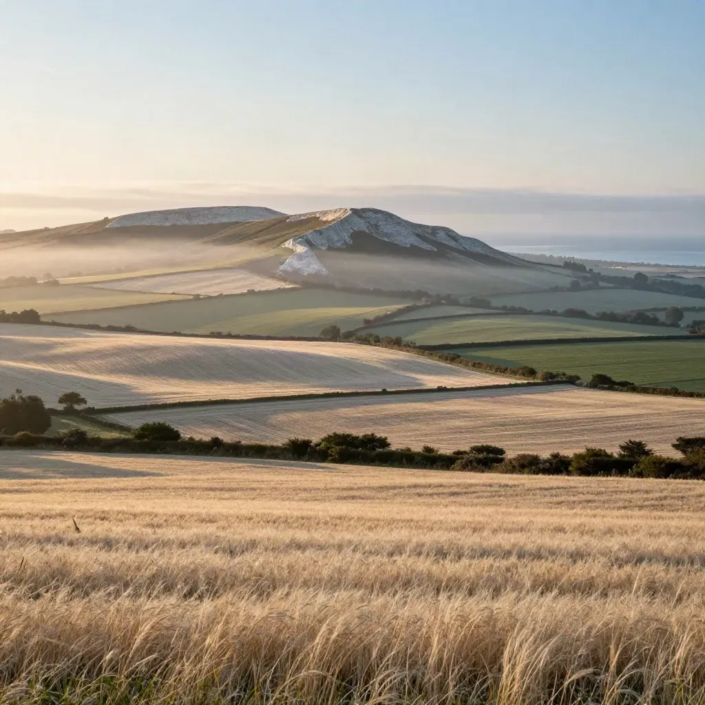 Sunrise over the South Downs with chalk ridge, misty fields, and a hint of coast