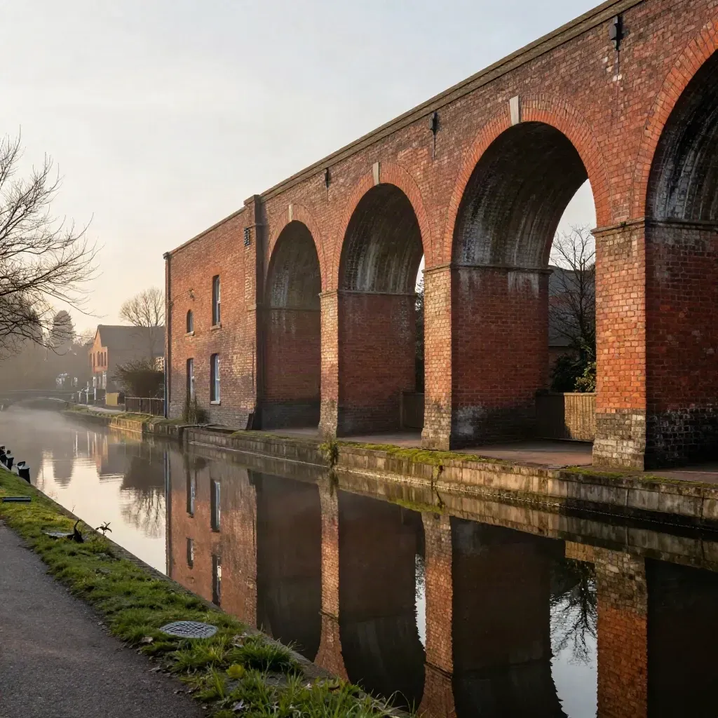 Red-brick canal arches over still water and tree-lined embankments in the West Midlands at golden hour.
